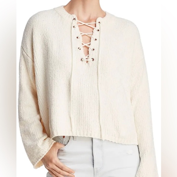 Sadie & Love laced drawstring v neck knit crop pullover sweater Ivory size Large - Picture 1 of 5
